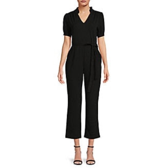 Nanette Lepore Black Ruffle Sleeve V Neck Belted Jumpsuit Sz 12 - Picture 1 of 1